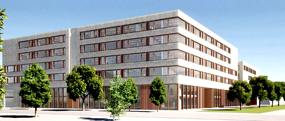 Moderne Gebäude mit großen Fenstern, umgeben von Bäumen, im klaren Himmel. Ideal für Büro- oder Wohnnutzung.